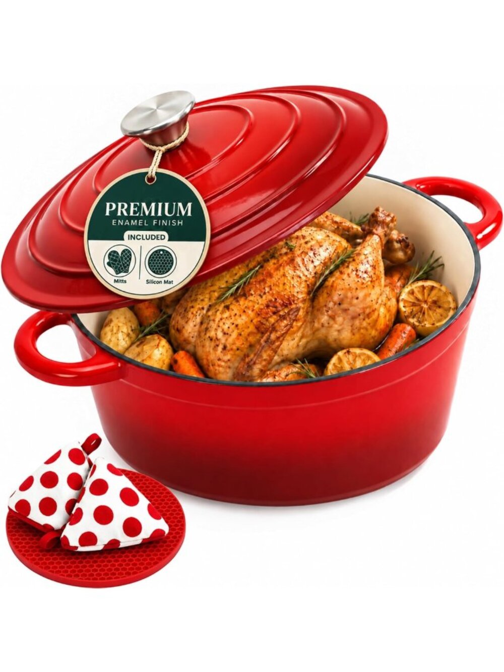 5QT Enameled Cast Iron Dutch Oven with Lid, Heat Pad & Trivet - Perfect for